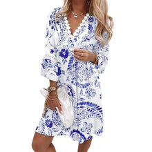 Load image into Gallery viewer, Women&#39;s V-neck Printed Lace Stitching Dress
