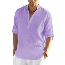 Charger l&#39;image dans la galerie, Men&#39;s Casual Cotton Linen Solid Color Long Sleeve Shirt Loose Stand Collar
