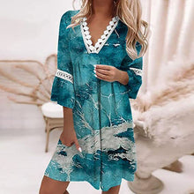 Load image into Gallery viewer, Women&#39;s V-neck Printed Lace Stitching Dress
