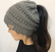 Load image into Gallery viewer, High Bun Ponytail Beanie Hat Chunky Soft Stretch Cable Knit Warm Fuzzy Lined Skull Beanie Acrylic Hats Men And Women
