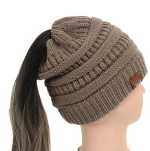 Load image into Gallery viewer, High Bun Ponytail Beanie Hat Chunky Soft Stretch Cable Knit Warm Fuzzy Lined Skull Beanie Acrylic Hats Men And Women
