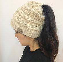 Load image into Gallery viewer, High Bun Ponytail Beanie Hat Chunky Soft Stretch Cable Knit Warm Fuzzy Lined Skull Beanie Acrylic Hats Men And Women
