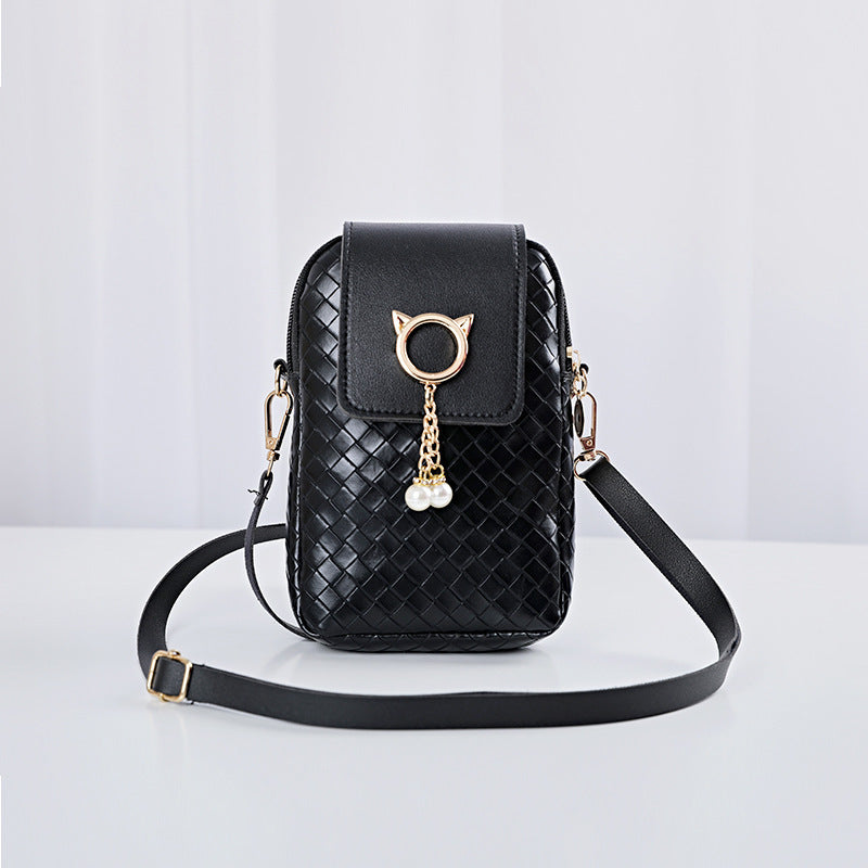 Mobile Phone Bags Women Woven Pearl Tassel Cover Type Crossbody Shoulder Bag