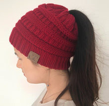 Load image into Gallery viewer, High Bun Ponytail Beanie Hat Chunky Soft Stretch Cable Knit Warm Fuzzy Lined Skull Beanie Acrylic Hats Men And Women
