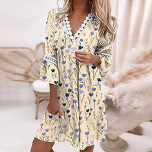 Load image into Gallery viewer, Women&#39;s V-neck Printed Lace Stitching Dress
