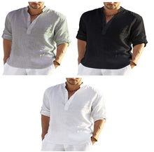 Charger l&#39;image dans la galerie, Men&#39;s Casual Cotton Linen Solid Color Long Sleeve Shirt Loose Stand Collar
