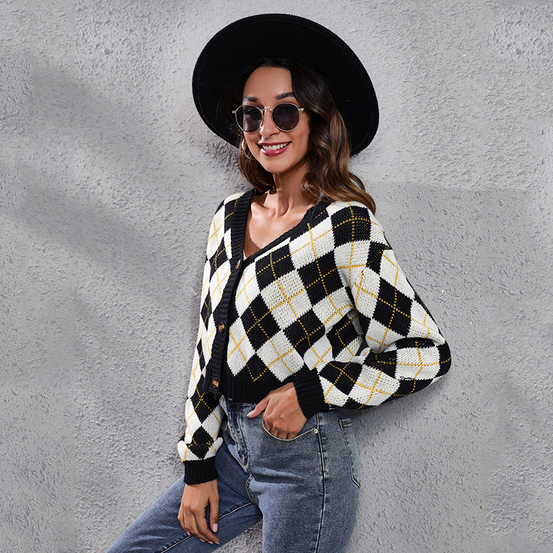 Retro Diamond Loose Knit Cardigan Short Sweater Women